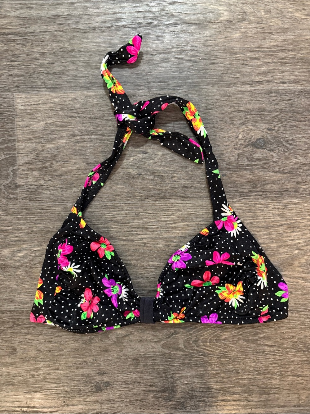 Vintage Floral Polka Dot Halter Bikini Top - Black with Neon Flowers